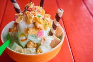 Shaved ice, thai style dessert made of shaved ice, bread, sweetened condensed milk.